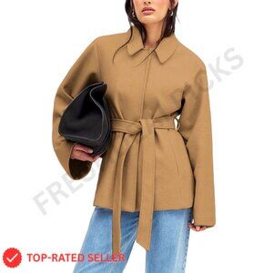 Wool Blend Short Peacoat Overcoat with Button Closure and Tie Belt